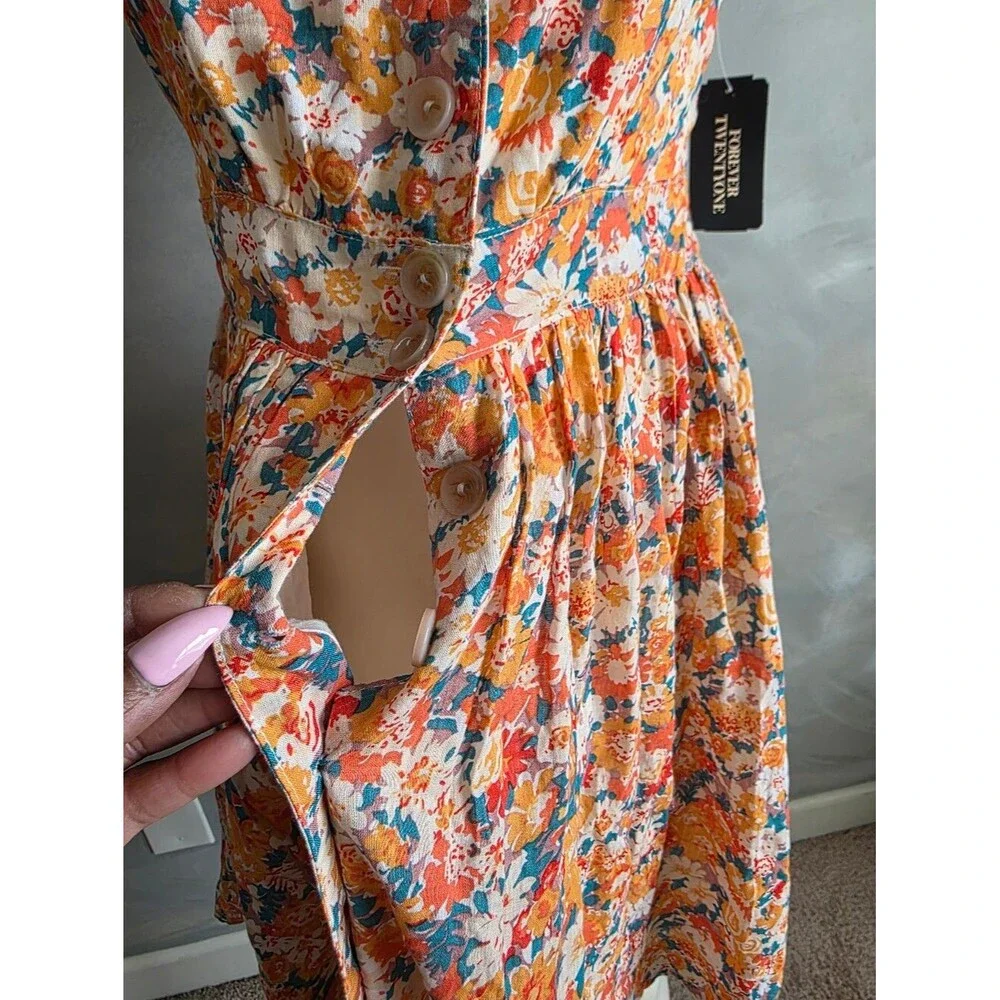 Forever 21 Orange Blue Floral Fit Flare Mini Dress Button Down Lined Sz L NWT